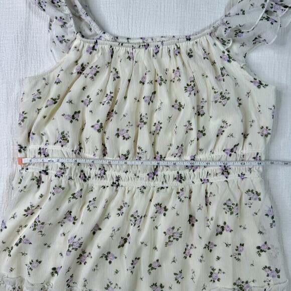 Floral Chiffon Tiered Mini Dress Women's XL Ivory Cottagecore Coquette Prarie - Picture 7 of 16